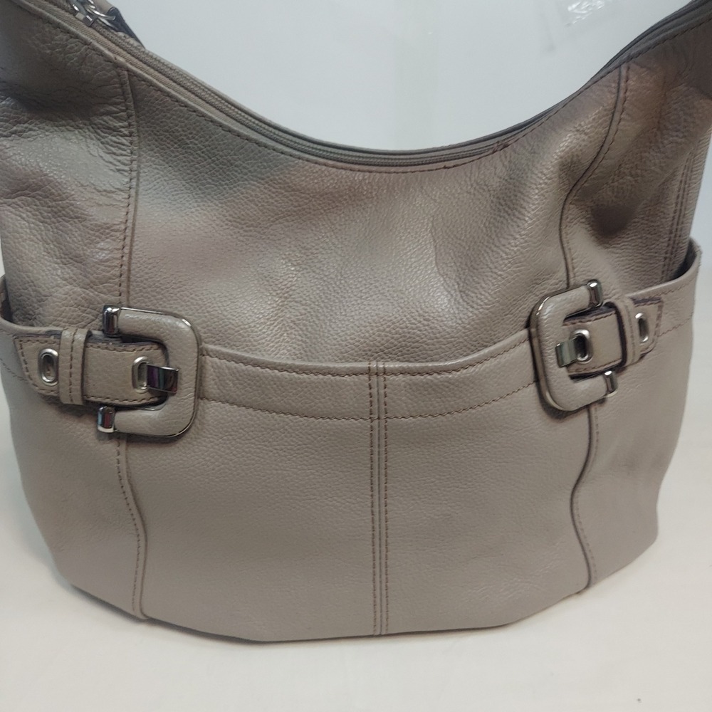 Leather Hobo Shoulder Bag Designer Style Buckle Detail Taupe